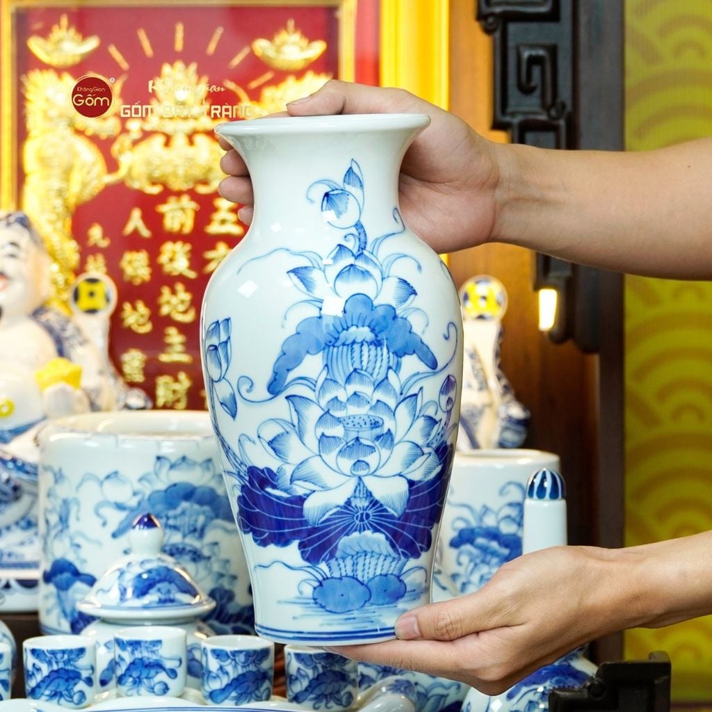 [Set Cao Cấp] Bộ Đồ Thờ Thần Tài Thổ Địa Men Lam (12 món)