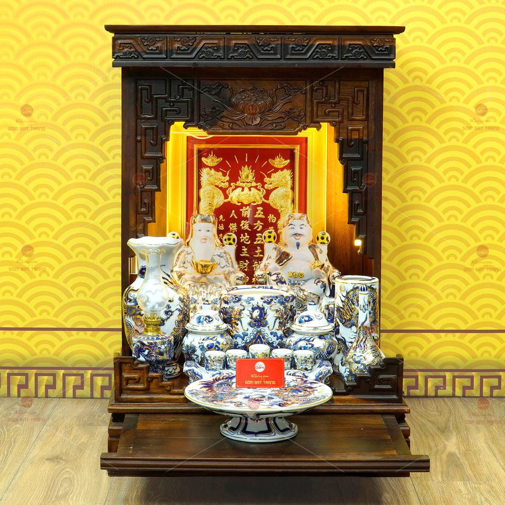 [Set Cao Cấp] Bộ Đồ Thờ Thần Tài Thổ Địa Men Lam Nổi Vẽ Vàng (11 món)