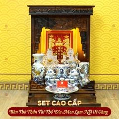 [Set Cao Cấp] Bộ Đồ Thờ Thần Tài Thổ Địa Men Lam Nổi Vẽ Vàng (11 món)