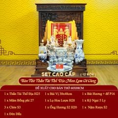 [Set Cao Cấp] Bộ Đồ Thờ Thần Tài Thổ Địa Men Lam Vẽ Vàng (12 món)