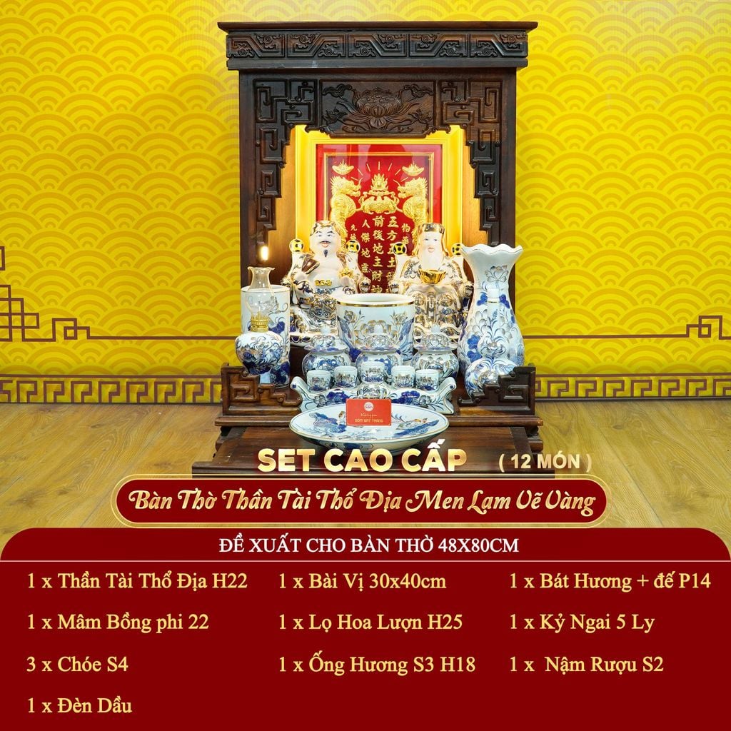 [Set Cao Cấp] Bộ Đồ Thờ Thần Tài Thổ Địa Men Lam Vẽ Vàng (12 món)
