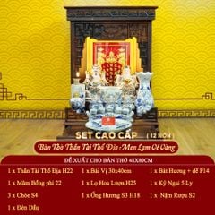 [Set Cao Cấp] Bộ Đồ Thờ Thần Tài Thổ Địa Men Lam Vẽ Vàng (12 món)