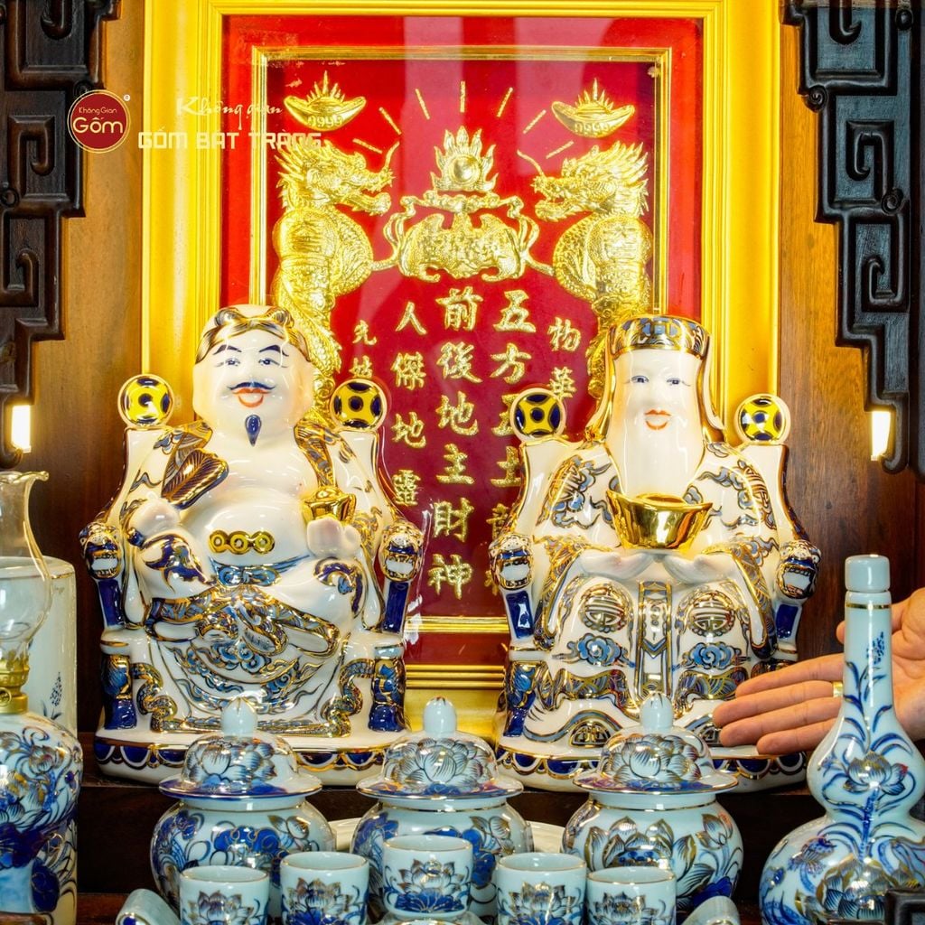 [Set Cao Cấp] Bộ Đồ Thờ Thần Tài Thổ Địa Men Lam Vẽ Vàng (12 món)