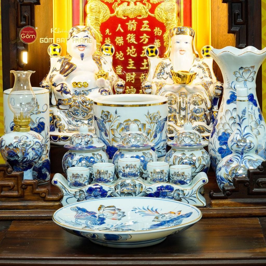 [Set Cao Cấp] Bộ Đồ Thờ Thần Tài Thổ Địa Men Lam Vẽ Vàng (12 món)