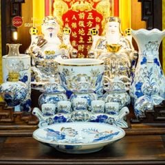 [Set Cao Cấp] Bộ Đồ Thờ Thần Tài Thổ Địa Men Lam Vẽ Vàng (12 món)