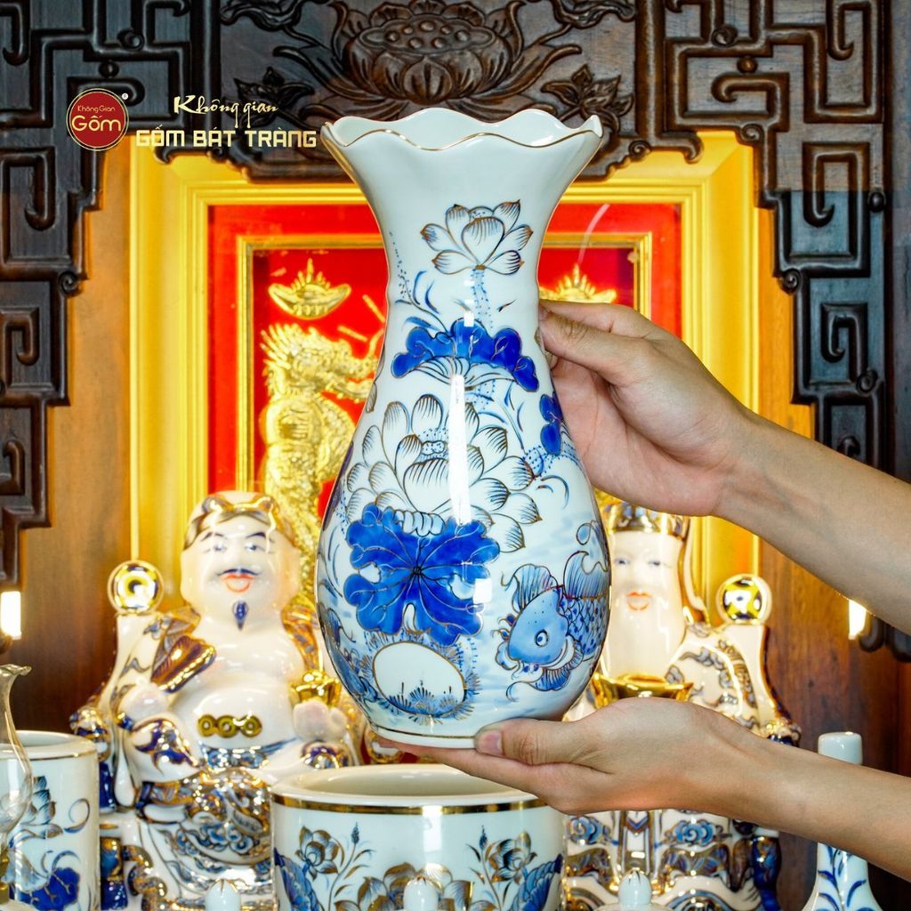 [Set Cao Cấp] Bộ Đồ Thờ Thần Tài Thổ Địa Men Lam Vẽ Vàng (12 món)