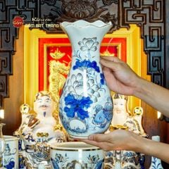 [Set Cao Cấp] Bộ Đồ Thờ Thần Tài Thổ Địa Men Lam Vẽ Vàng (12 món)