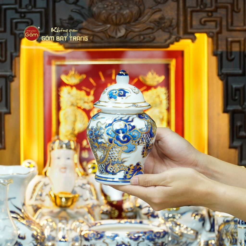 [Set Cao Cấp] Bộ Đồ Thờ Thần Tài Thổ Địa Men Lam Nổi Vẽ Vàng (11 món)