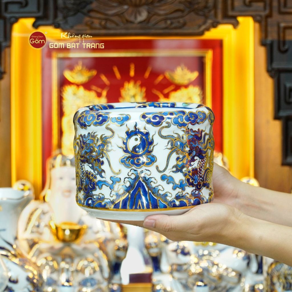 [Set Cao Cấp] Bộ Đồ Thờ Thần Tài Thổ Địa Men Lam Nổi Vẽ Vàng (11 món)