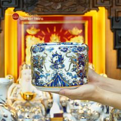 [Set Cao Cấp] Bộ Đồ Thờ Thần Tài Thổ Địa Men Lam Nổi Vẽ Vàng (11 món)