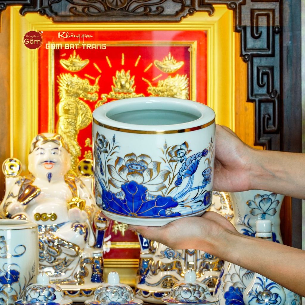 [Set Cao Cấp] Bộ Đồ Thờ Thần Tài Thổ Địa Men Lam Vẽ Vàng (12 món)