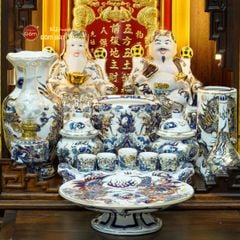 [Set Cao Cấp] Bộ Đồ Thờ Thần Tài Thổ Địa Men Lam Nổi Vẽ Vàng (11 món)