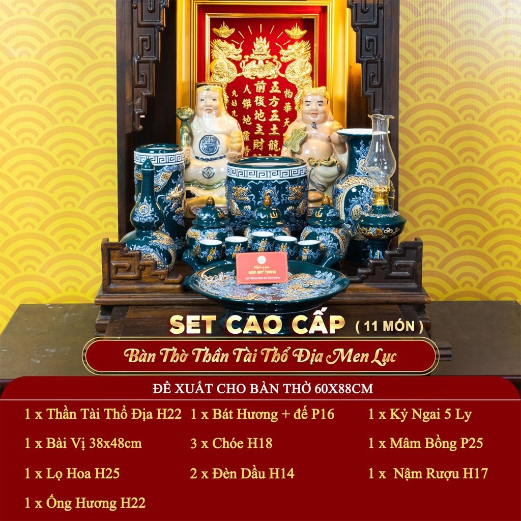 [Set Cao Cấp] Bộ Đồ Thờ Thần Tài Thổ Địa Men Lục (11 món)