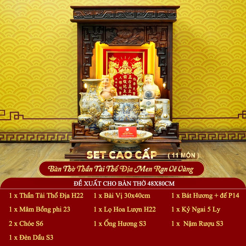 [Set Cao Cấp] Bộ Đồ Thờ Thần Tài Thổ Địa Men Rạn Vẽ Vàng (11 món)