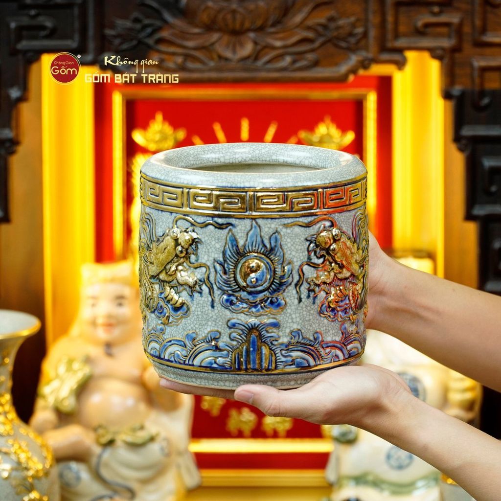 [Set Cao Cấp] Bộ Đồ Thờ Thần Tài Thổ Địa Men Rạn Vẽ Vàng (11 món)