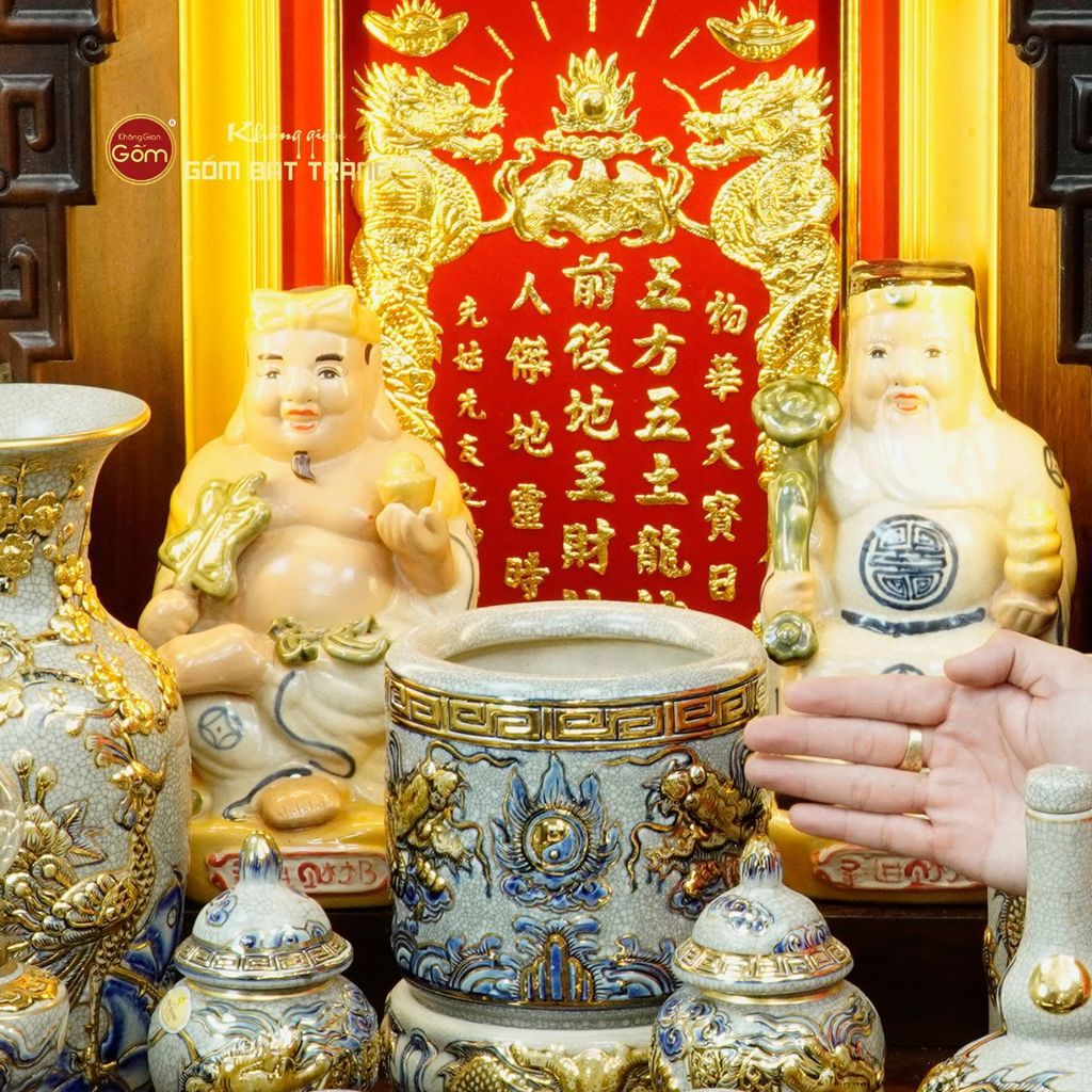 [Set Cao Cấp] Bộ Đồ Thờ Thần Tài Thổ Địa Men Rạn Vẽ Vàng (11 món)