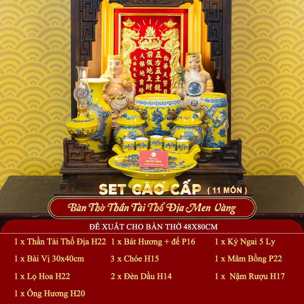 [Set Cao Cấp] Bộ Đồ Thờ Thần Tài Thổ Địa Men Vàng (11 món)