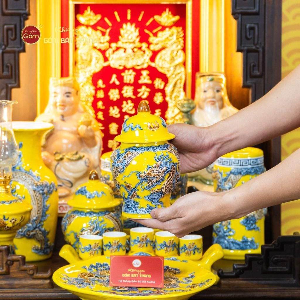 [Set Cao Cấp] Bộ Đồ Thờ Thần Tài Thổ Địa Men Vàng (11 món)