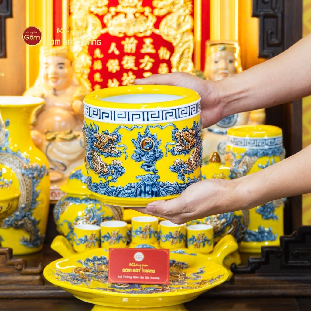 [Set Cao Cấp] Bộ Đồ Thờ Thần Tài Thổ Địa Men Vàng (11 món)