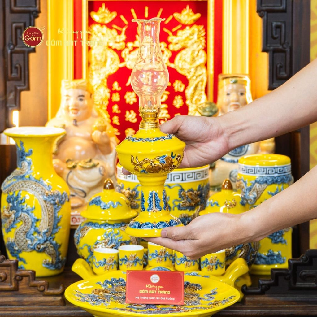 [Set Cao Cấp] Bộ Đồ Thờ Thần Tài Thổ Địa Men Vàng (11 món)