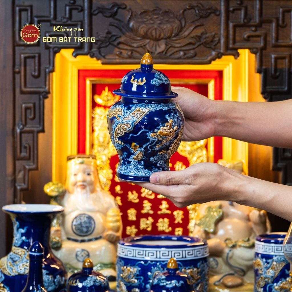 [Set Cao Cấp] Bộ Đồ Thờ Thần Tài Thổ Địa Men Xanh Coban (11 món)