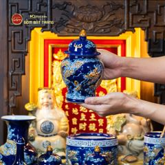[Set Cao Cấp] Bộ Đồ Thờ Thần Tài Thổ Địa Men Xanh Coban (11 món)