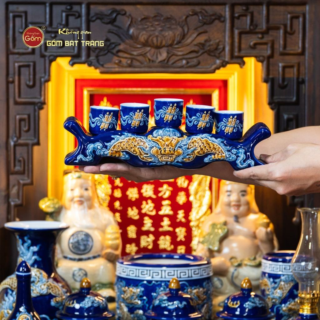 [Set Cao Cấp] Bộ Đồ Thờ Thần Tài Thổ Địa Men Xanh Coban (11 món)