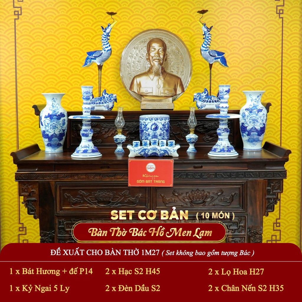 [Set Cơ Bản] Bộ Đồ Thờ Bác Hồ Men Lam (10 món)
