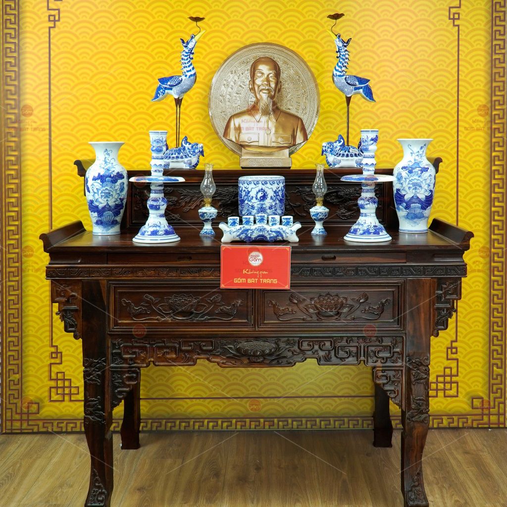 [Set Cơ Bản] Bộ Đồ Thờ Bác Hồ Men Lam (10 món)
