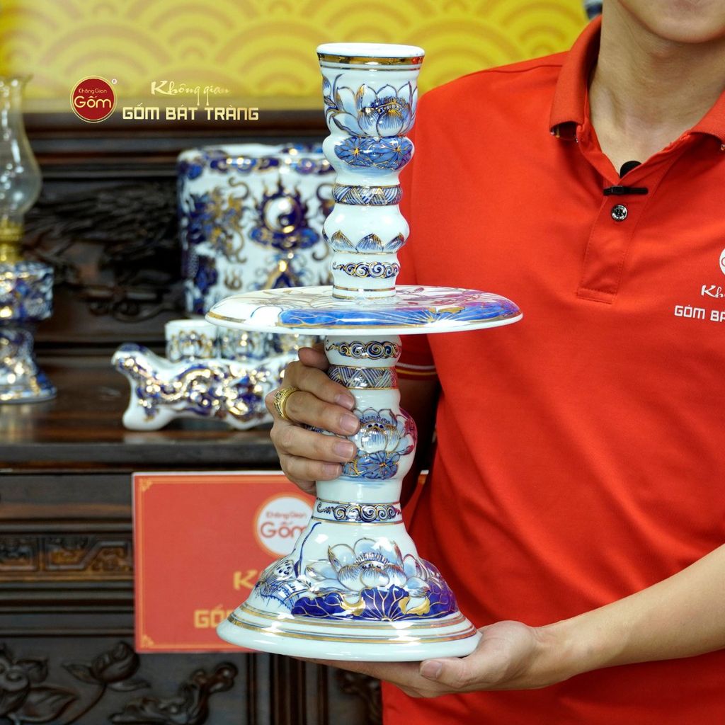 [Set Cao Cấp] Bộ Đồ Thờ Bác Hồ Men Lam Nổi Vẽ Vàng (16 món)