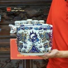 [Set Cơ Bản] Bộ Đồ Thờ Bác Hồ Men Lam Nổi Vẽ Vàng (10 món)