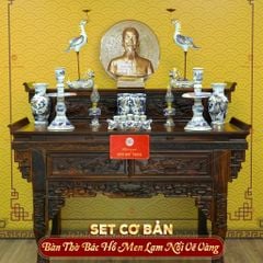 [Set Cơ Bản] Bộ Đồ Thờ Bác Hồ Men Lam Nổi Vẽ Vàng (10 món)