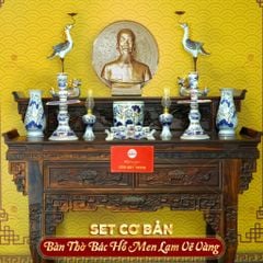 [Set Cơ Bản] Bộ Đồ Thờ Bác Hồ Men Lam Vẽ Vàng (10 món)
