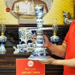 [Set Cơ Bản] Bộ Đồ Thờ Bác Hồ Men Lam Vẽ Vàng (10 món)