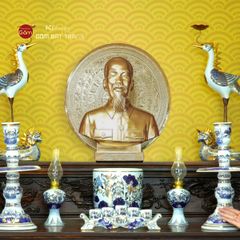 [Set Cơ Bản] Bộ Đồ Thờ Bác Hồ Men Lam Vẽ Vàng (10 món)