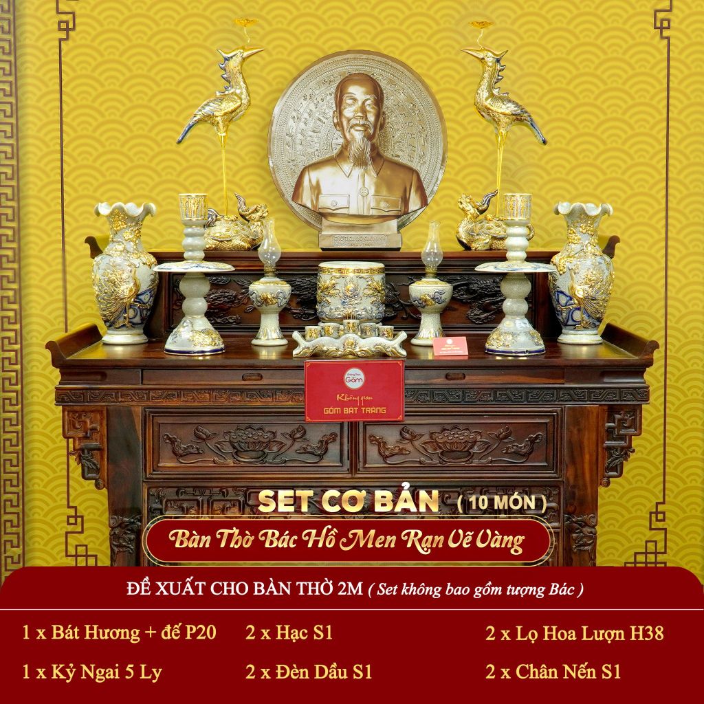 [Set Cơ Bản] Bộ Đồ Thờ Bác Hồ Men Rạn Vẽ Vàng (10 món)
