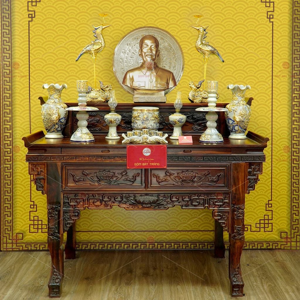 [Set Cơ Bản] Bộ Đồ Thờ Bác Hồ Men Rạn Vẽ Vàng (10 món)