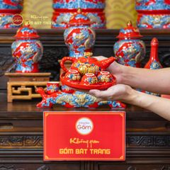 Bộ Ấm 3 Chén Thờ Men Đỏ Họa Tiết Cành Đào