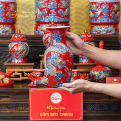 Lọ Hoa Men Đỏ Họa Tiết Cá Chép Hóa Rồng