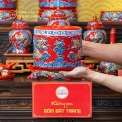 Bát Hương Men Đỏ Họa Tiết Song Long Chầu Nguyệt