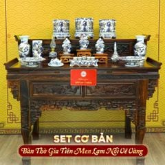 [Set Cơ Bản] Bộ Đồ Thờ Gia Tiên Men Lam Nổi Vẽ Vàng (15 món)