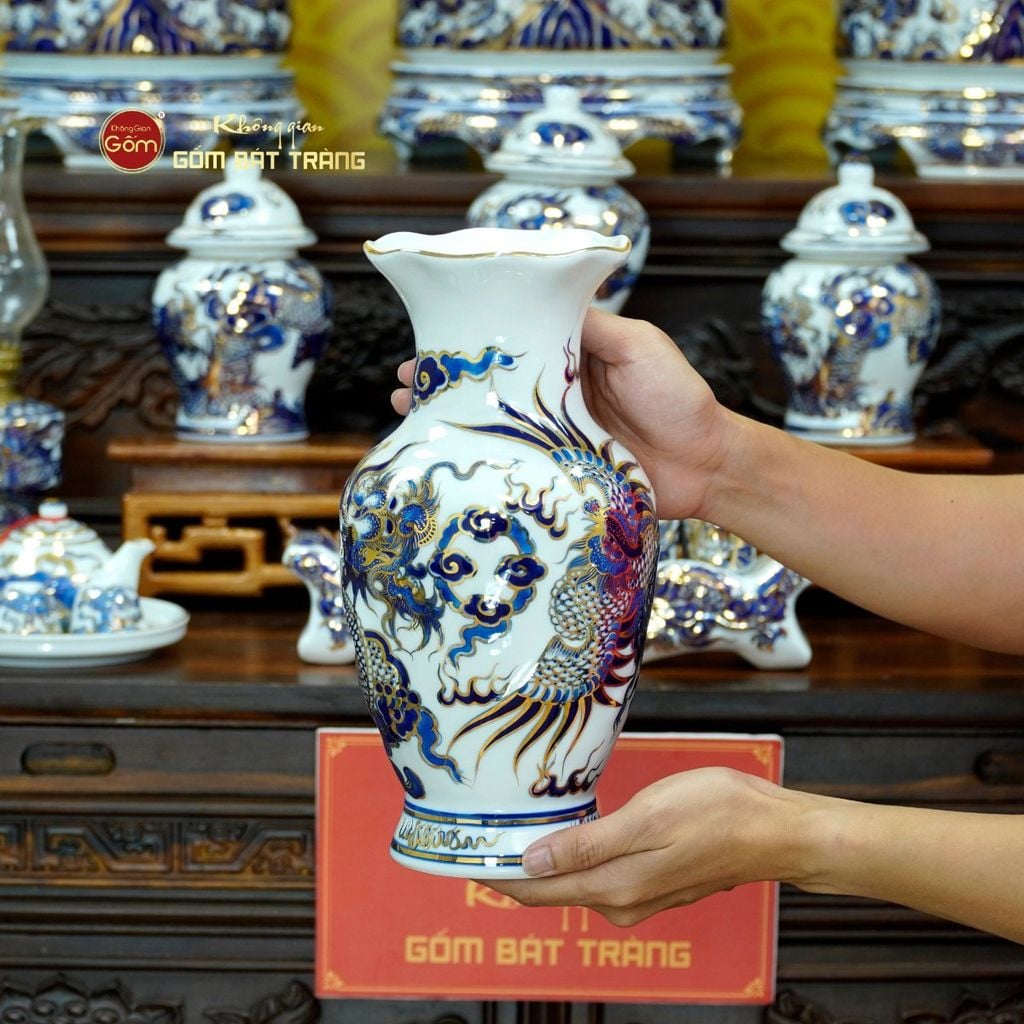 [Set Cơ Bản] Bộ Đồ Thờ Gia Tiên Men Lam Nổi Vẽ Vàng (15 món)