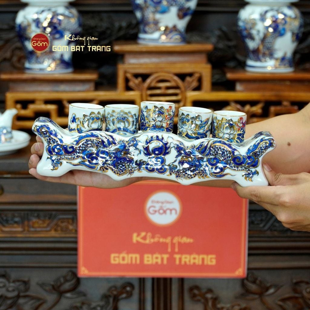 [Set Cơ Bản] Bộ Đồ Thờ Gia Tiên Men Lam Nổi Vẽ Vàng (15 món)