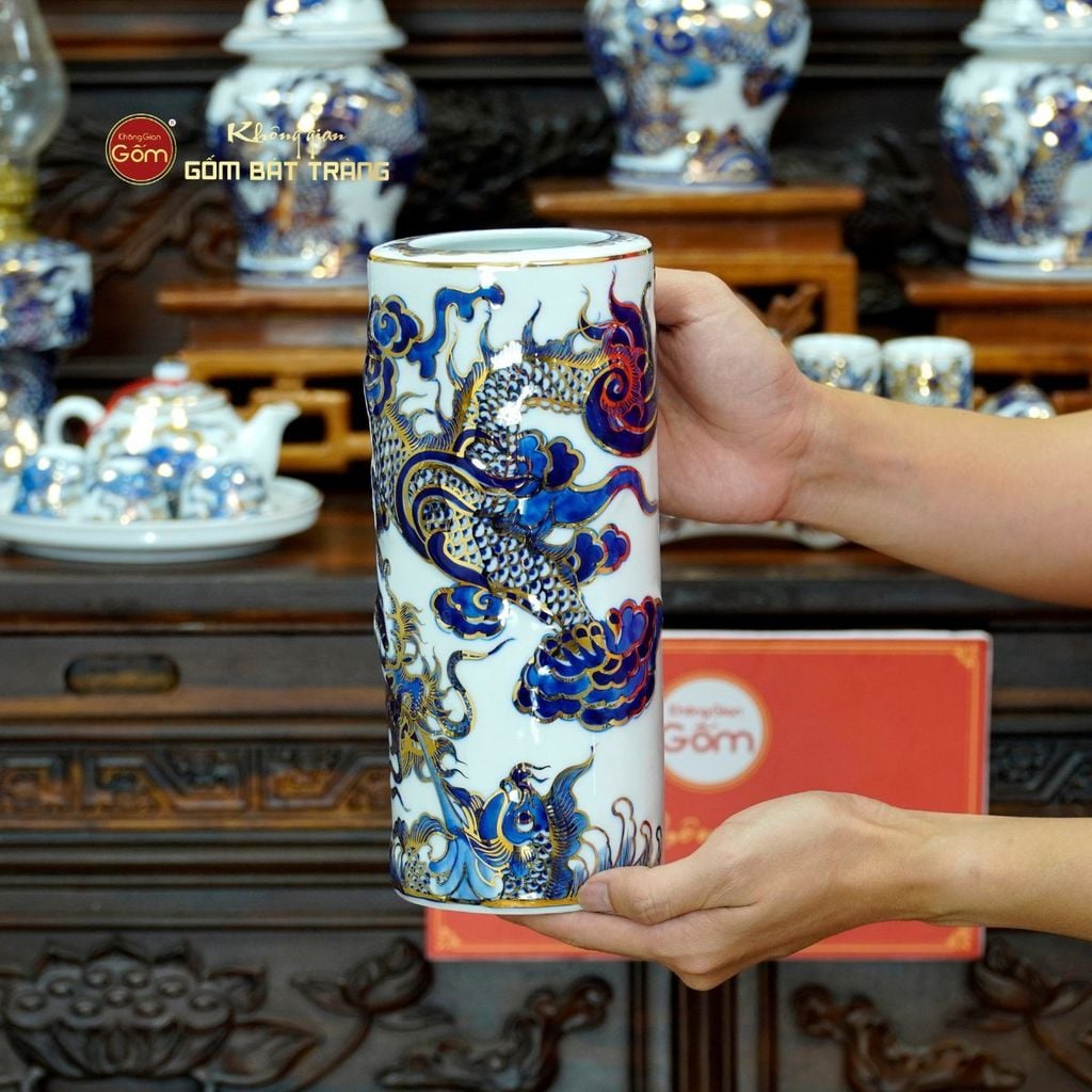 [Set Cơ Bản] Bộ Đồ Thờ Gia Tiên Men Lam Nổi Vẽ Vàng (15 món)