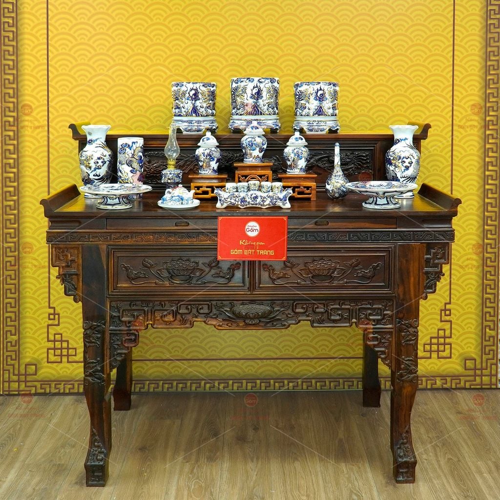 [Set Cơ Bản] Bộ Đồ Thờ Gia Tiên Men Lam Nổi Vẽ Vàng (15 món)