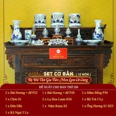 [Set Cơ Bản] Bộ Đồ Thờ Gia Tiên Men Lam Vẽ Vàng (15 món)