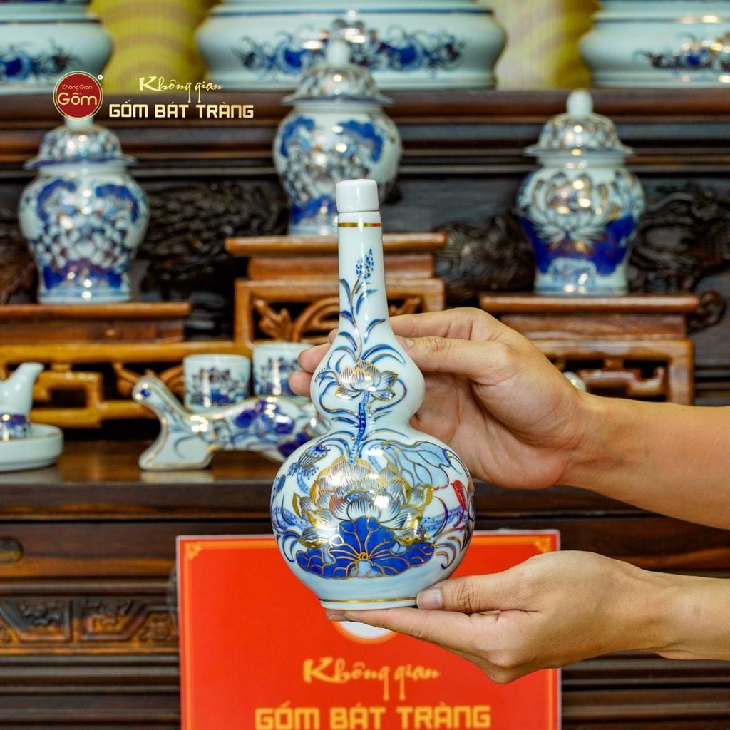 [Set Cơ Bản] Bộ Đồ Thờ Gia Tiên Men Lam Vẽ Vàng (15 món)