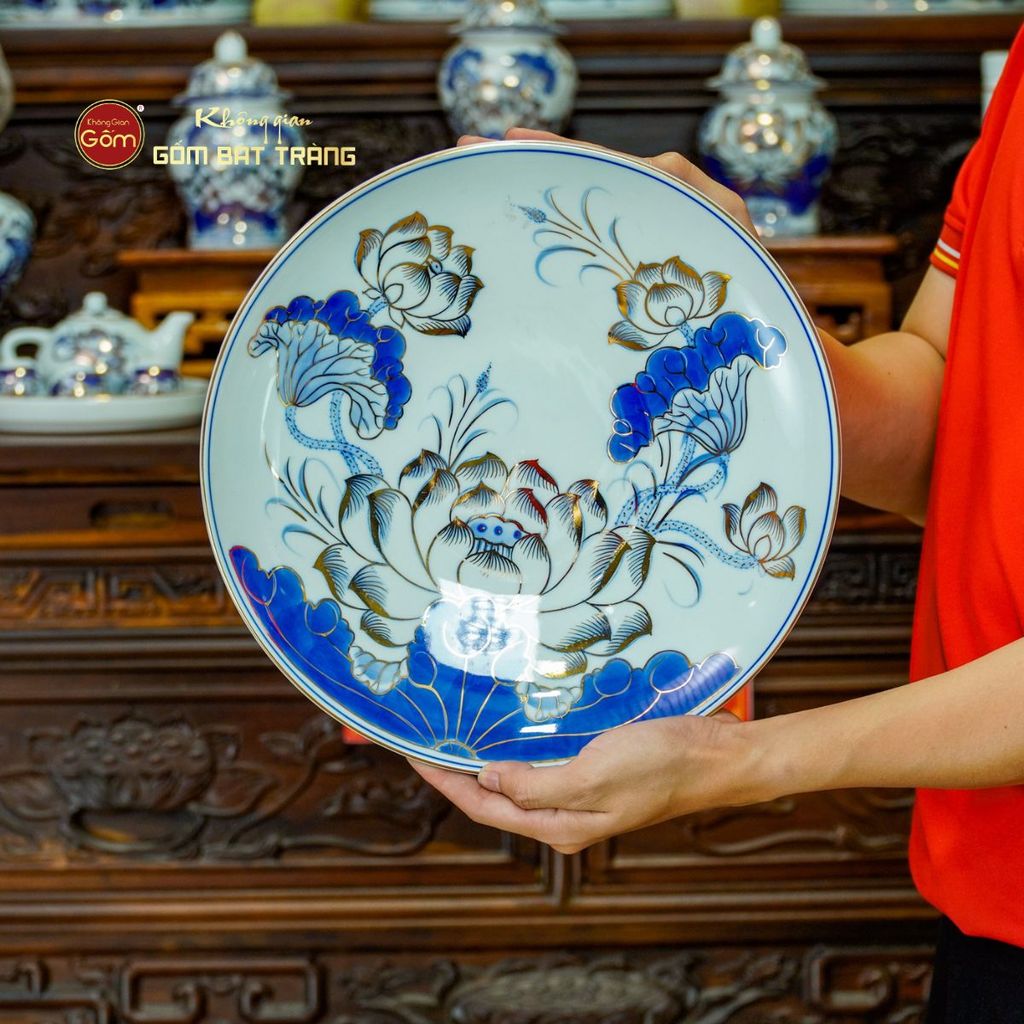 [Set Cơ Bản] Bộ Đồ Thờ Gia Tiên Men Lam Vẽ Vàng (15 món)