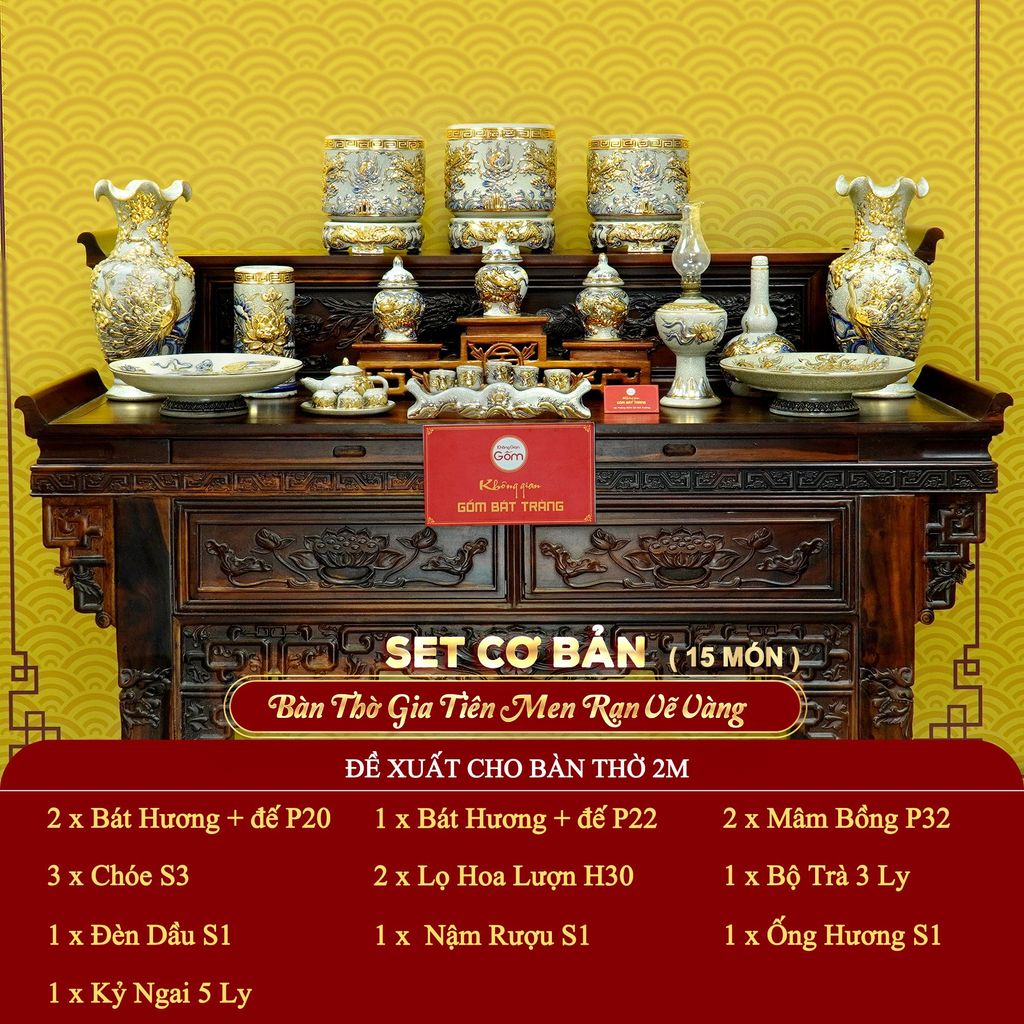 [Set Cơ Bản] Bộ Đồ Thờ Gia Tiên Men Rạn Vẽ Vàng (15 món)