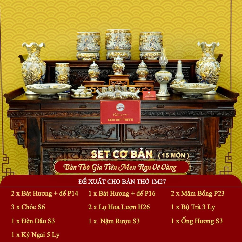 [Set Cơ Bản] Bộ Đồ Thờ Gia Tiên Men Rạn Vẽ Vàng (15 món)